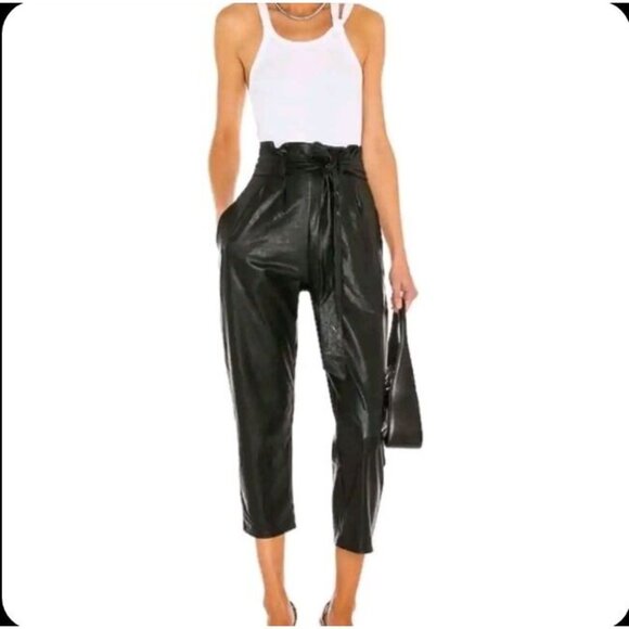 COMMANDO Faux Leather Pants Women's M Paper Bag Tie Waist Crop Trouser Black - Picture 2 of 12